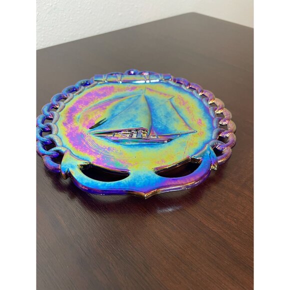 Vintage Westmoreland Cobalt Carnival Glass Sailboat and Anchor Plate - 8" - Picture 3 of 6